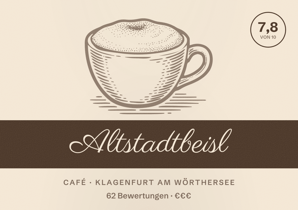 Illustriertes Poster von Altstadtbeisl, Café in Klagenfurt am Wörthersee: Bewertung 7,8 von 10 aus 62 Bewertungen, Preisniveau €€€