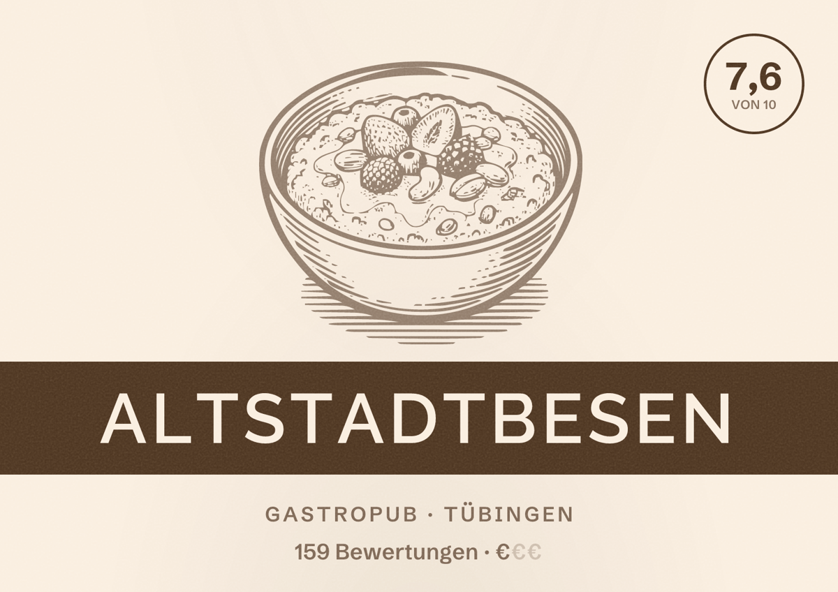 Illustriertes Poster von Altstadtbesen, Gastropub in Tübingen: Bewertung 7,6 von 10 aus 159 Bewertungen, Preisniveau €
