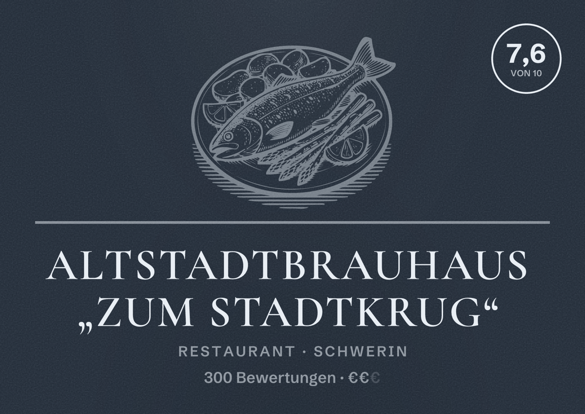 Illustriertes Poster von Altstadtbrauhaus „Zum Stadtkrug“, Restaurant in Schwerin: Bewertung 7,6 von 10 aus 300 Bewertungen, Preisniveau €€