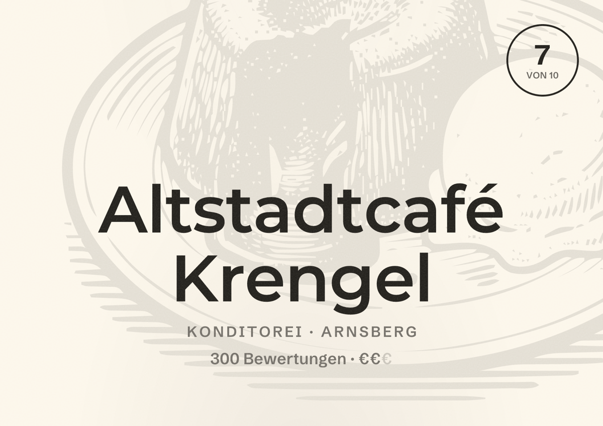 Illustriertes Poster von Altstadtcafé Krengel, Konditorei in Arnsberg: Bewertung 7 von 10 aus 300 Bewertungen, Preisniveau €€