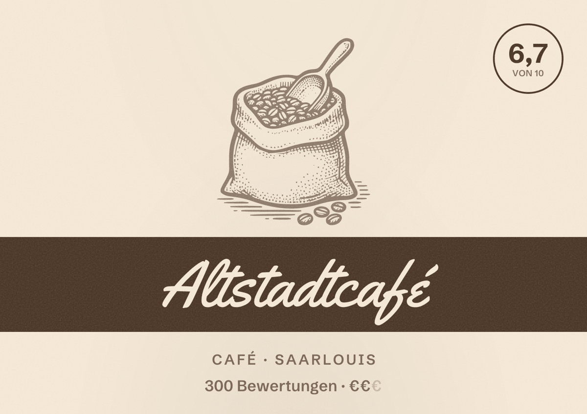 Illustriertes Poster von Altstadtcafé, Café in Saarlouis: Bewertung 6,7 von 10 aus 300 Bewertungen, Preisniveau €€