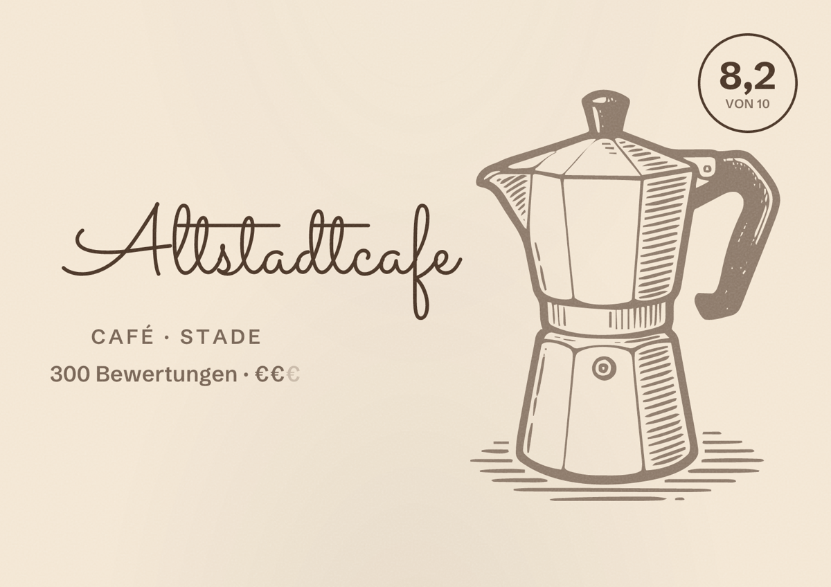 Illustriertes Poster von Altstadtcafe, Café in Stade: Bewertung 8,2 von 10 aus 300 Bewertungen, Preisniveau €€