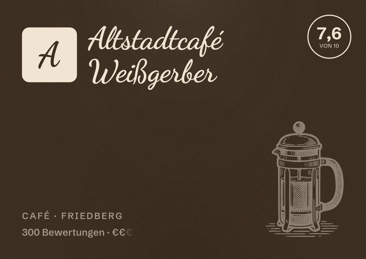 Illustriertes Poster von Altstadtcafé Weißgerber, Café in Friedberg: Bewertung 7,6 von 10 aus 300 Bewertungen, Preisniveau €€