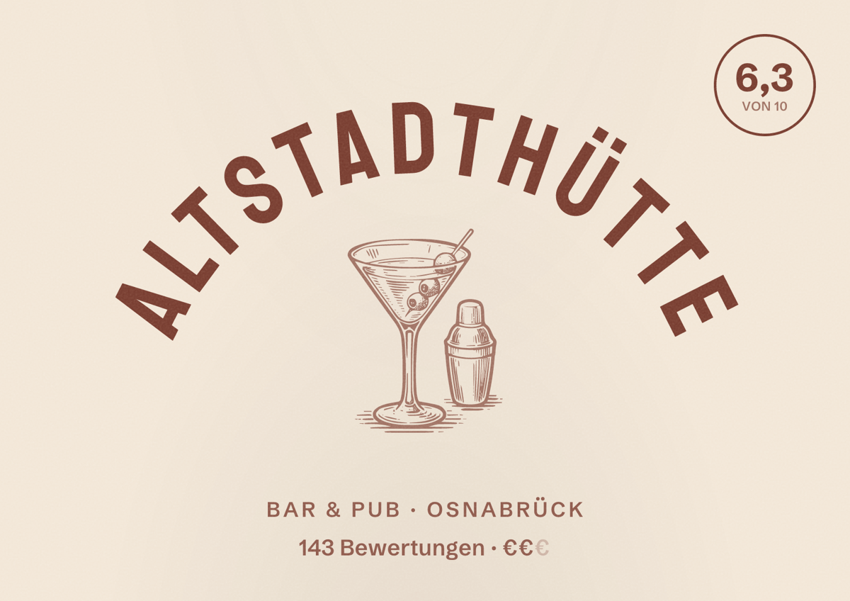 Illustriertes Poster von Altstadthütte, Bar & Pub in Osnabrück: Bewertung 6,3 von 10 aus 143 Bewertungen, Preisniveau €€