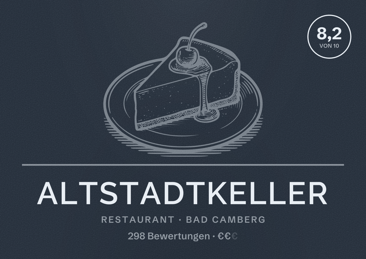 Illustriertes Poster von Altstadtkeller, Restaurant in Bad Camberg: Bewertung 8,2 von 10 aus 298 Bewertungen, Preisniveau €€