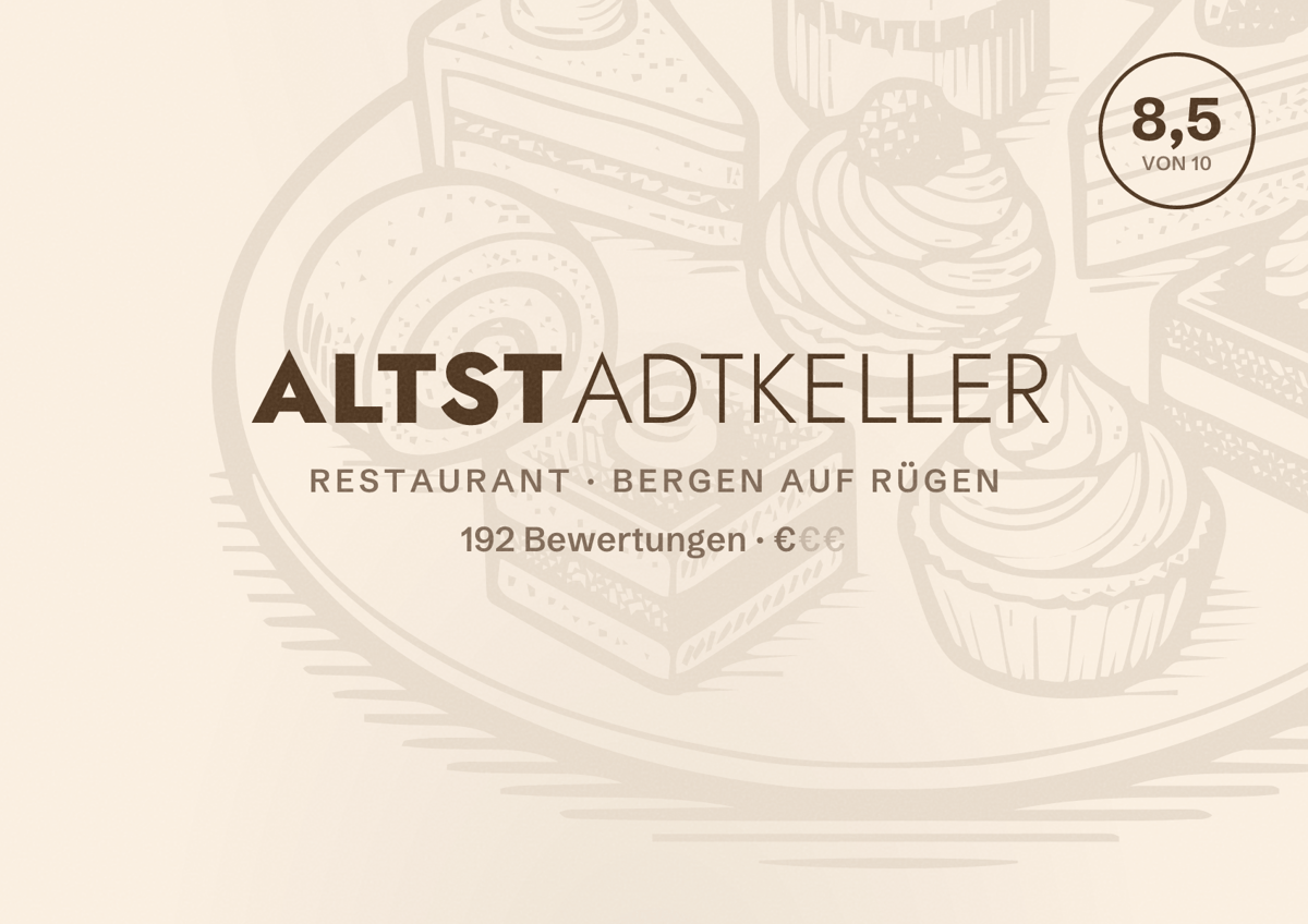 Illustriertes Poster von Altstadtkeller, Restaurant in Bergen auf Rügen: Bewertung 8,5 von 10 aus 192 Bewertungen, Preisniveau €