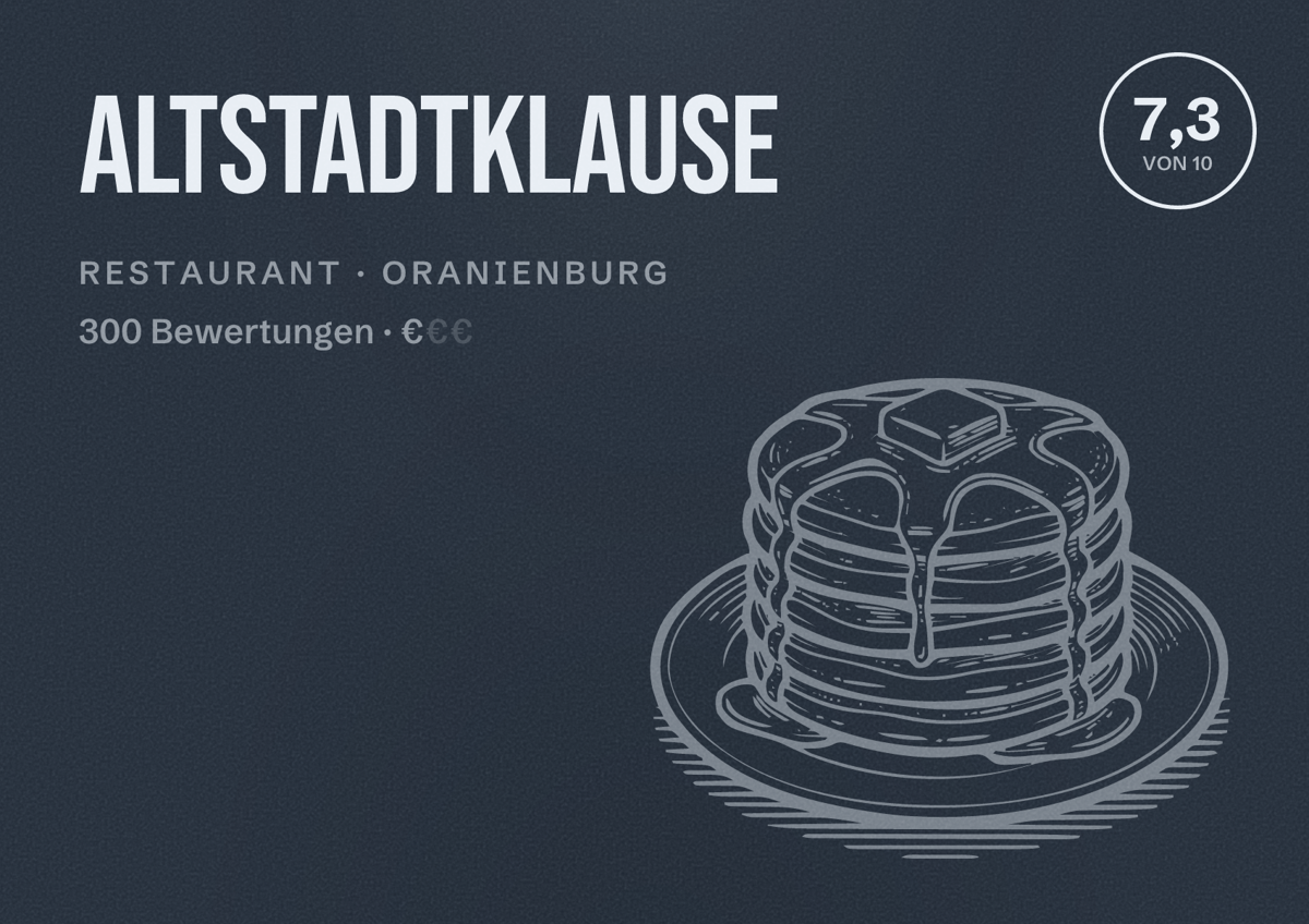 Illustriertes Poster von Altstadtklause, Restaurant in Oranienburg: Bewertung 7,3 von 10 aus 300 Bewertungen, Preisniveau €