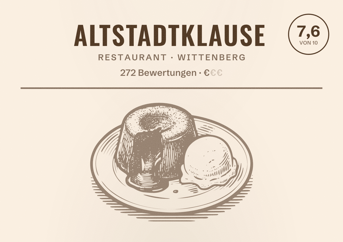 Illustriertes Poster von Altstadtklause, Restaurant in Wittenberg: Bewertung 7,6 von 10 aus 272 Bewertungen, Preisniveau €