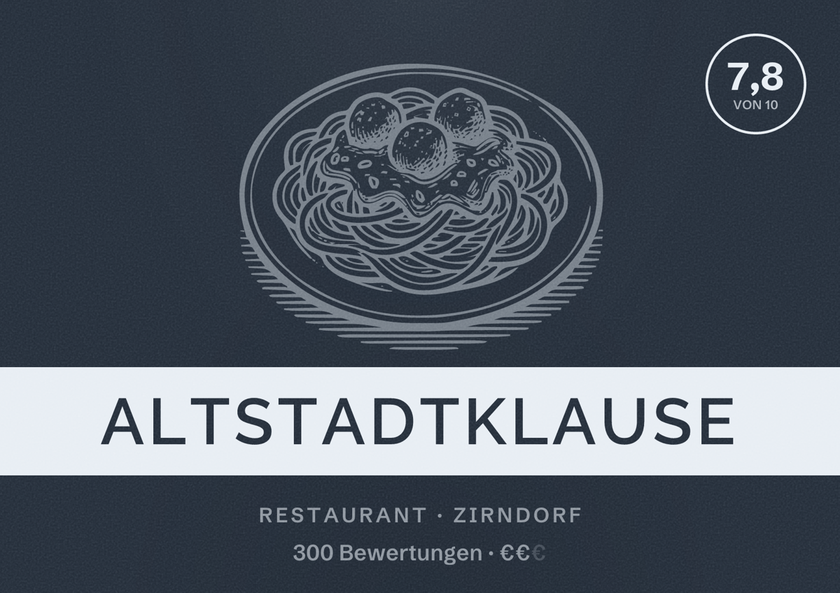 Illustriertes Poster von Altstadtklause, Restaurant in Zirndorf: Bewertung 7,8 von 10 aus 300 Bewertungen, Preisniveau €€