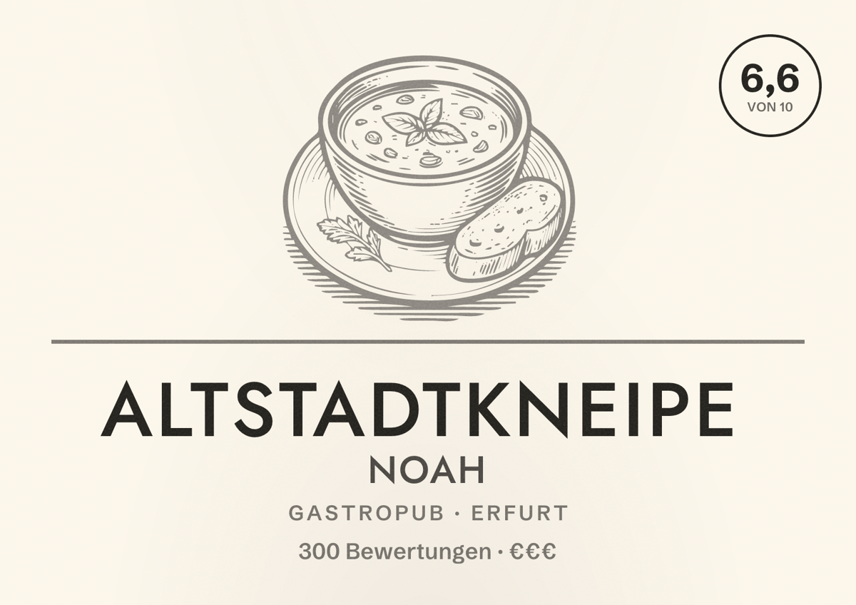 Illustriertes Poster von Altstadtkneipe Noah, Gastropub in Erfurt: Bewertung 6,6 von 10 aus 300 Bewertungen, Preisniveau €€€