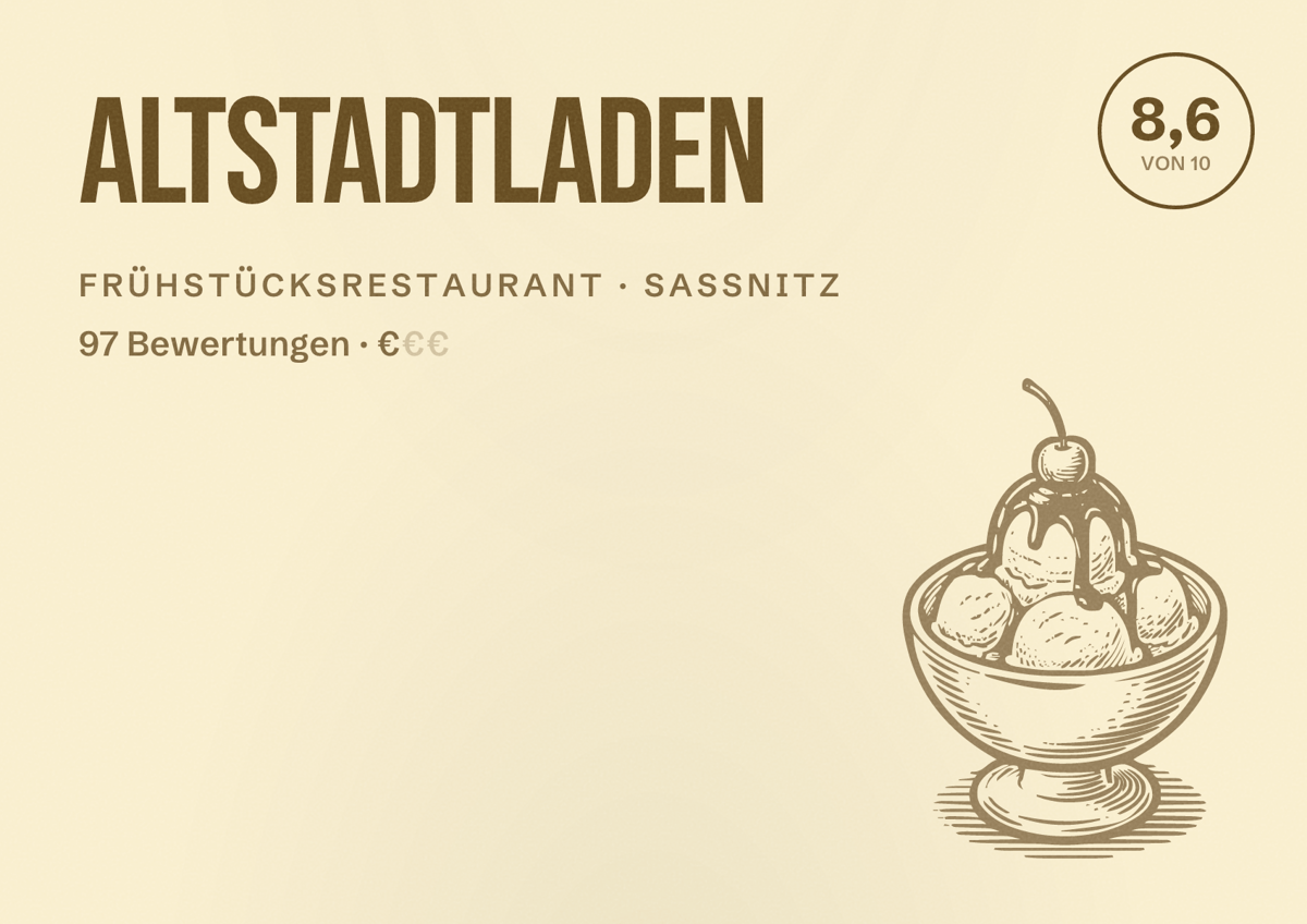 Illustriertes Poster von Altstadtladen, Frühstücksrestaurant in Sassnitz: Bewertung 8,6 von 10 aus 97 Bewertungen, Preisniveau €