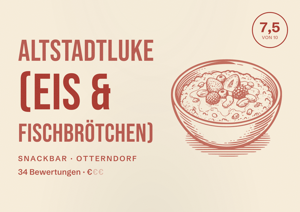Illustriertes Poster von Altstadtluke (Eis & Fischbrötchen), Snackbar in Otterndorf: Bewertung 7,5 von 10 aus 34 Bewertungen, Preisniveau €