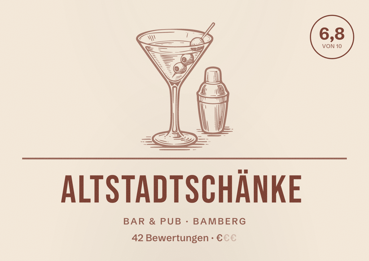 Illustriertes Poster von Altstadtschänke, Bar & Pub in Bamberg: Bewertung 6,8 von 10 aus 42 Bewertungen, Preisniveau €