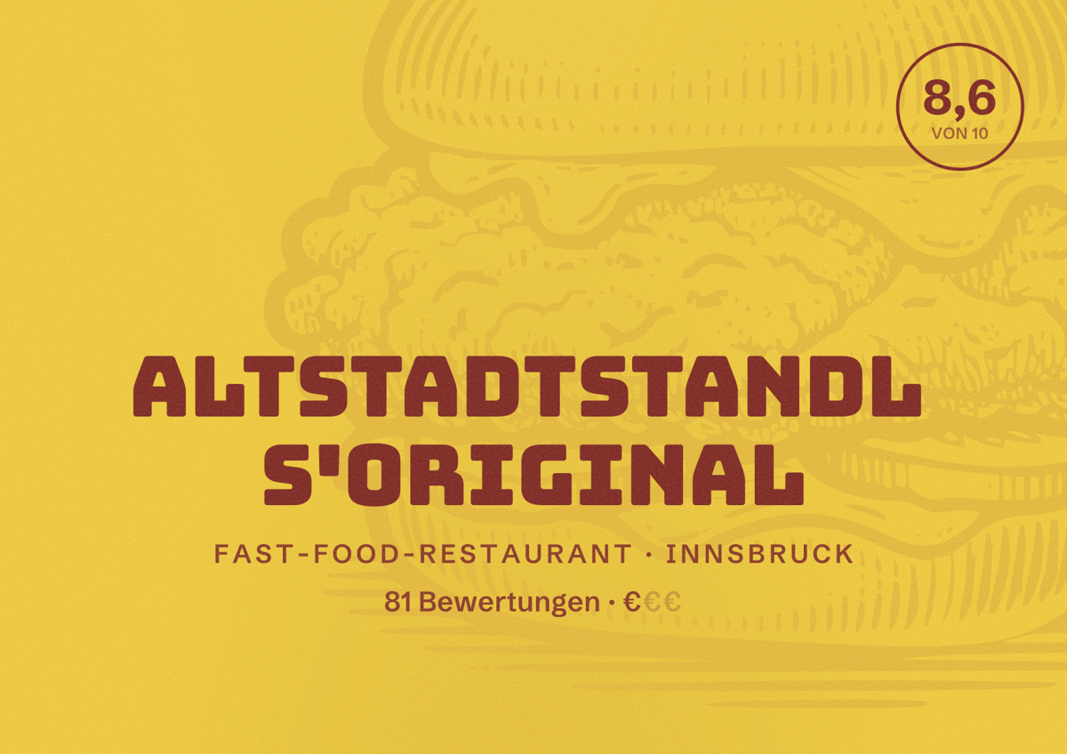 Illustriertes Poster von ALTSTADTSTANDL s'Original, Fast-Food-Restaurant in Innsbruck: Bewertung 8,6 von 10 aus 81 Bewertungen, Preisniveau €