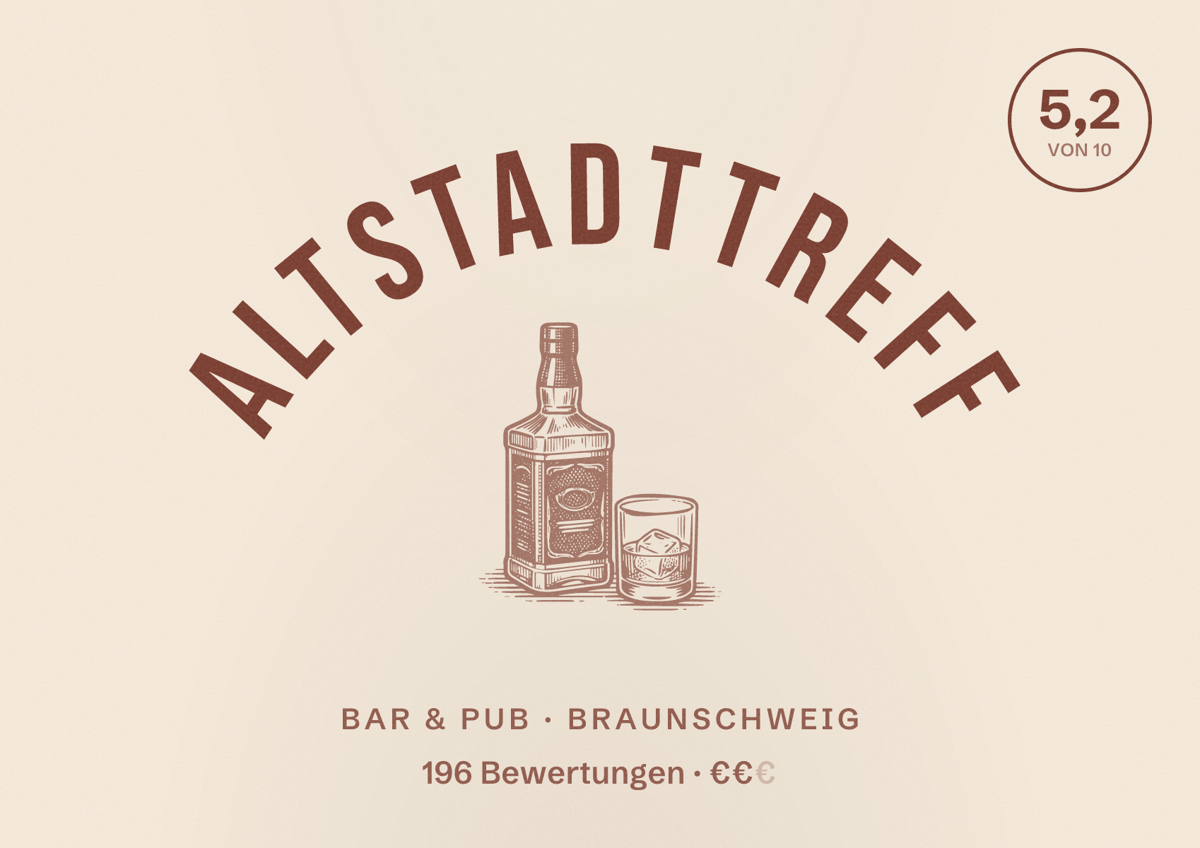 Illustriertes Poster von Altstadttreff, Bar & Pub in Braunschweig: Bewertung 5,2 von 10 aus 196 Bewertungen, Preisniveau €€
