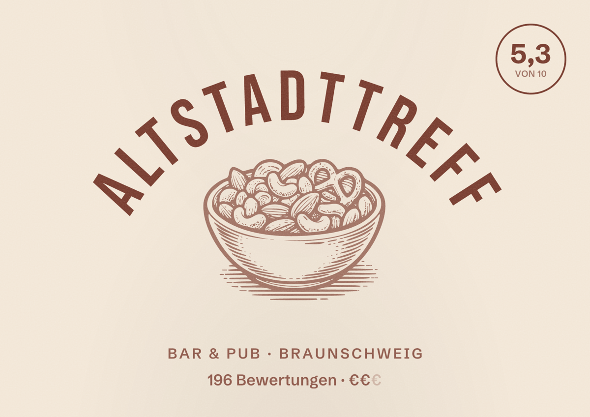 Illustriertes Poster von Altstadttreff, Bar & Pub in Braunschweig: Bewertung 5,3 von 10 aus 196 Bewertungen, Preisniveau €€
