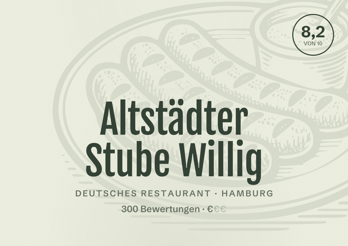 Illustriertes Poster von Altstädter Stube Willig, Deutsches Restaurant in Hamburg: Bewertung 8,2 von 10 aus 300 Bewertungen, Preisniveau €