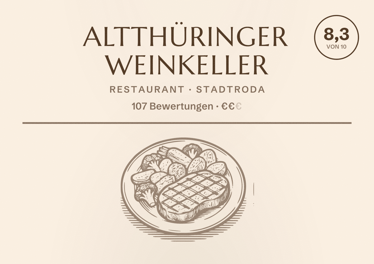 Illustriertes Poster von Altthüringer Weinkeller, Restaurant in Stadtroda: Bewertung 8,3 von 10 aus 107 Bewertungen, Preisniveau €€