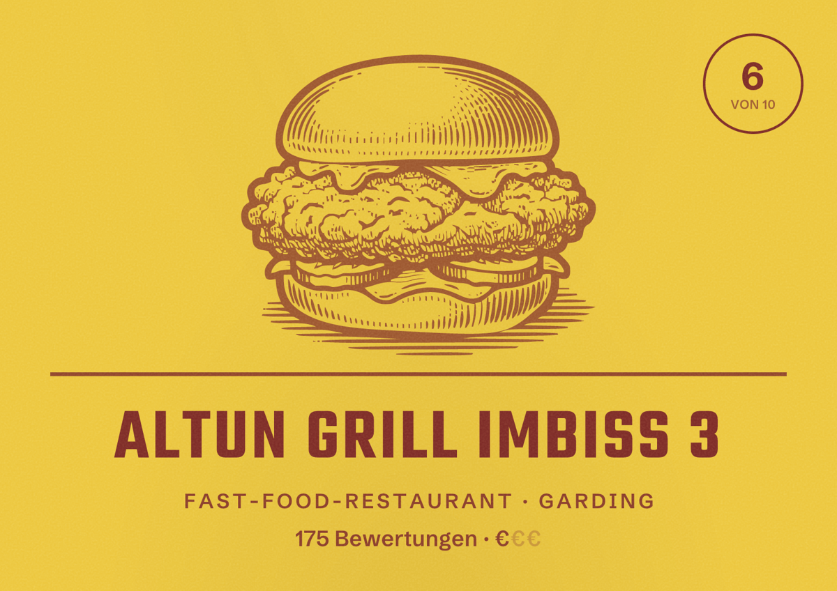 Illustriertes Poster von Altun Grill Imbiss 3, Fast-Food-Restaurant in Garding: Bewertung 6 von 10 aus 175 Bewertungen, Preisniveau €