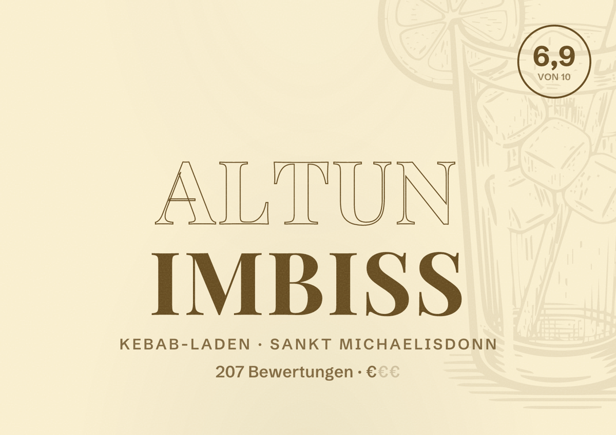 Illustriertes Poster von Altun Imbiss, Kebab-Laden in Sankt Michaelisdonn: Bewertung 6,9 von 10 aus 207 Bewertungen, Preisniveau €