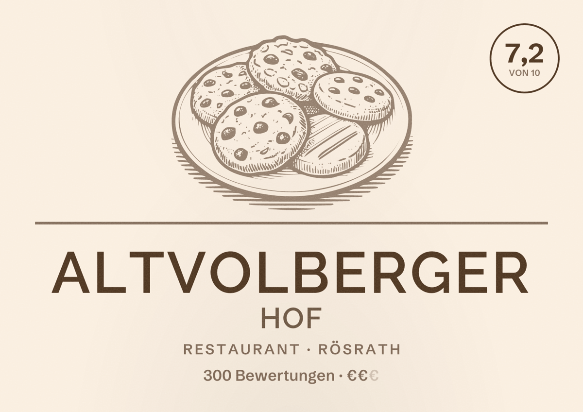 Illustriertes Poster von ALTVOLBERGER HOF, Restaurant in Rösrath: Bewertung 7,2 von 10 aus 300 Bewertungen, Preisniveau €€
