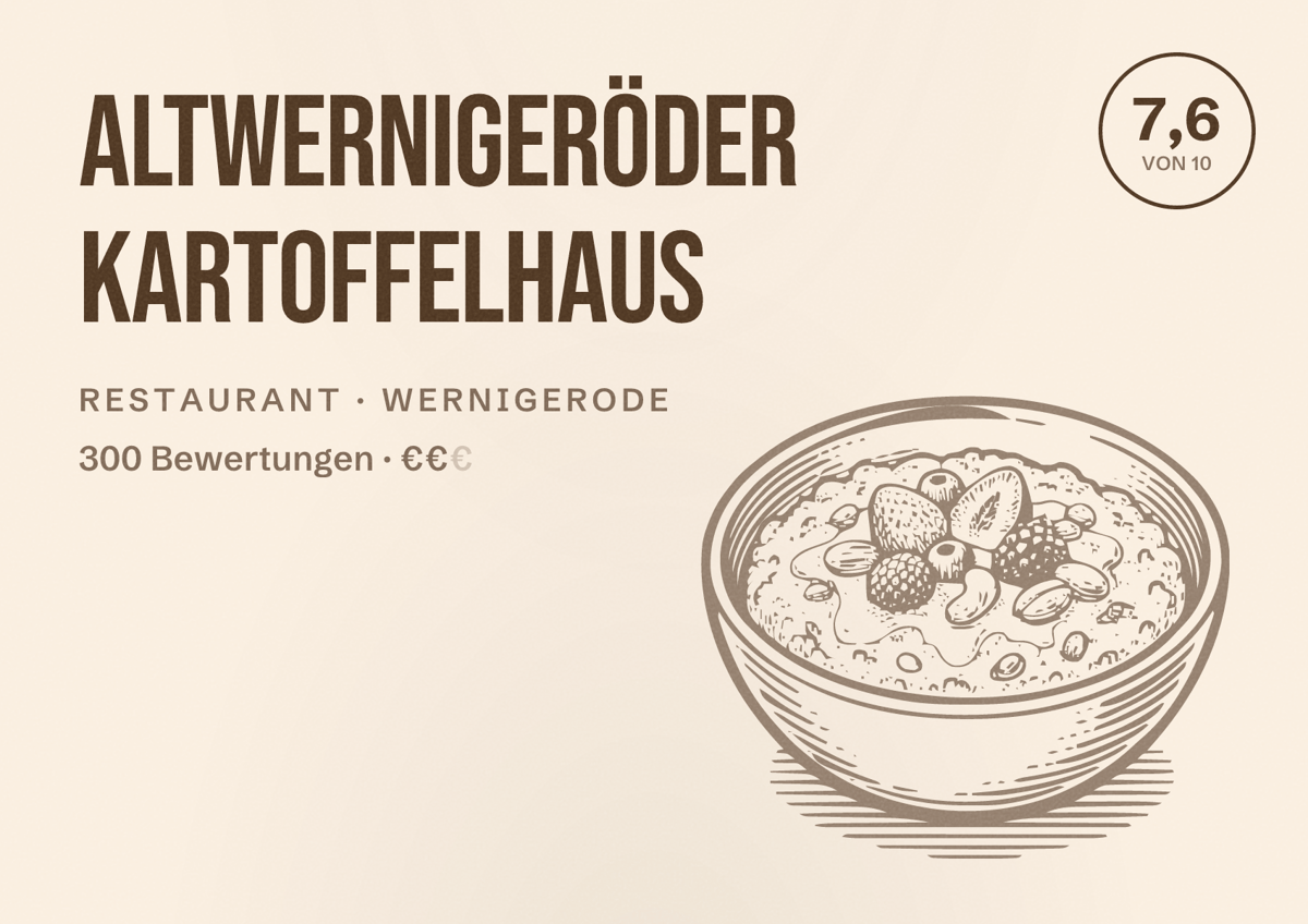 Illustriertes Poster von Altwernigeröder Kartoffelhaus, Restaurant in Wernigerode: Bewertung 7,6 von 10 aus 300 Bewertungen, Preisniveau €€