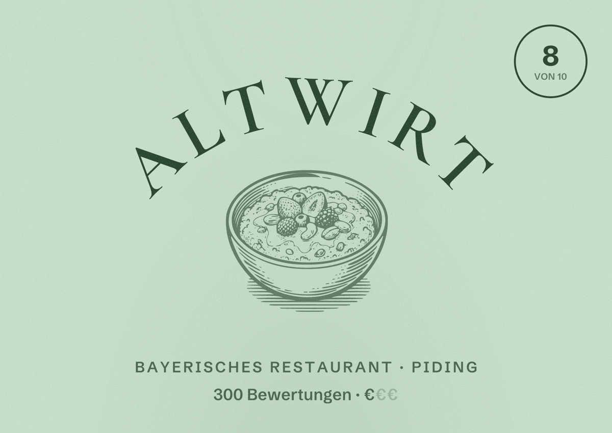 Illustriertes Poster von Altwirt, Bayerisches Restaurant in Piding: Bewertung 8 von 10 aus 300 Bewertungen, Preisniveau €