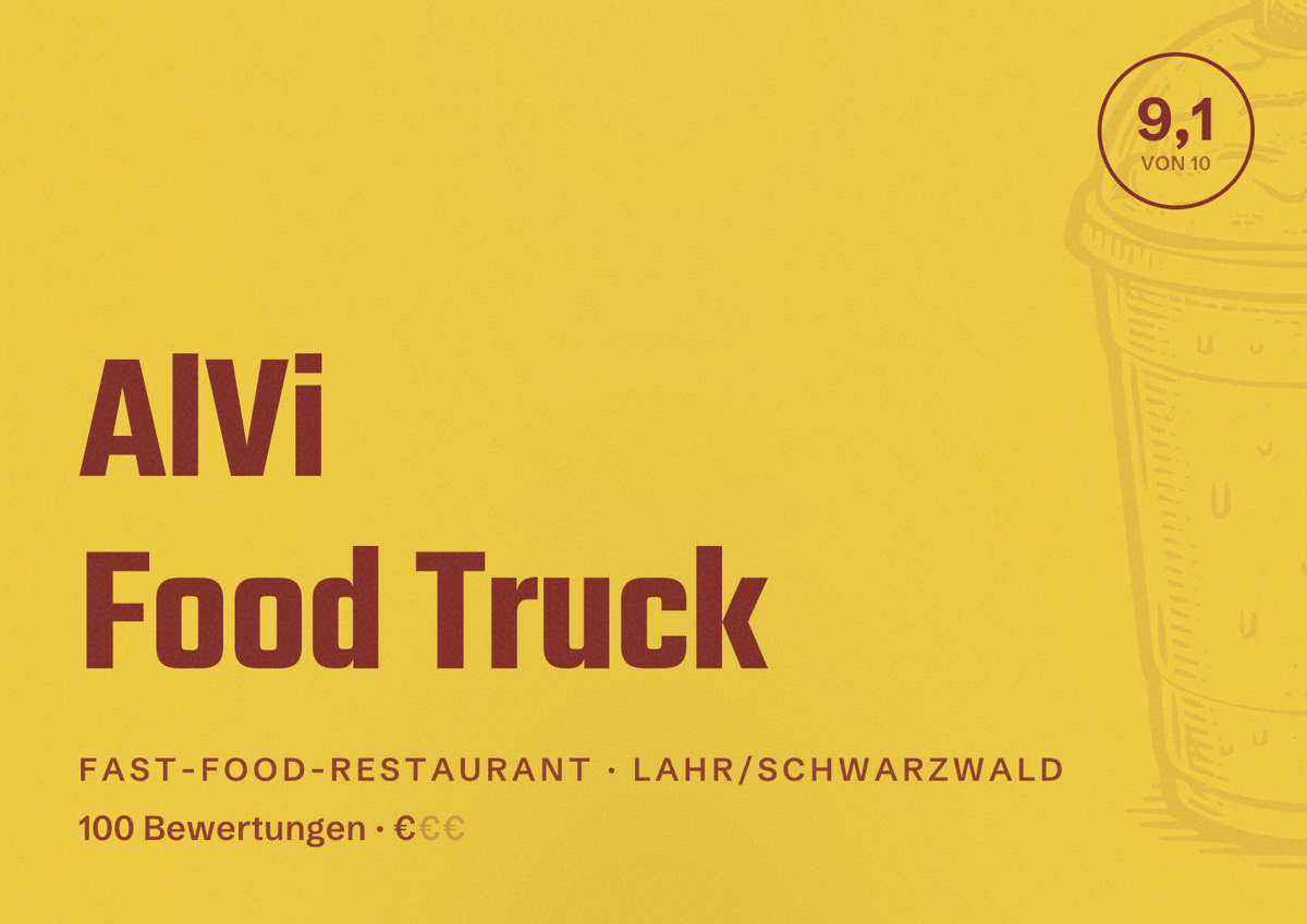 Illustriertes Poster von AlVi Food Truck, Fast-Food-Restaurant in Lahr/Schwarzwald: Bewertung 9,1 von 10 aus 100 Bewertungen, Preisniveau €