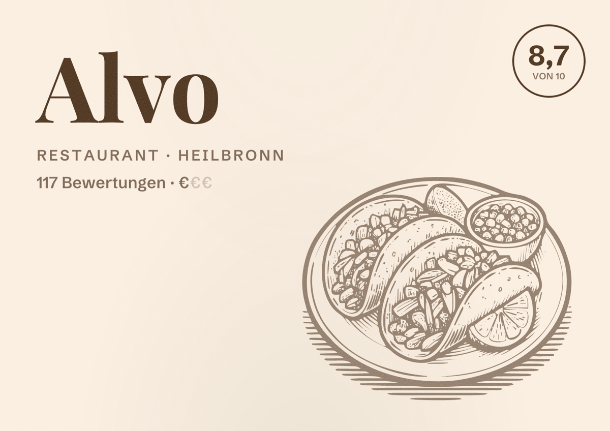 Illustriertes Poster von Alvo, Restaurant in Heilbronn: Bewertung 8,7 von 10 aus 117 Bewertungen, Preisniveau €