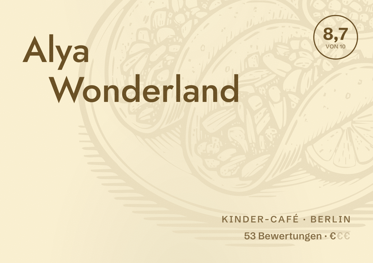 Illustriertes Poster von Alya Wonderland, Kinder-Café in Berlin: Bewertung 8,7 von 10 aus 53 Bewertungen, Preisniveau €