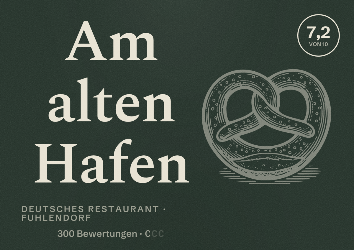 Illustriertes Poster von Am alten Hafen, Deutsches Restaurant in Fuhlendorf: Bewertung 7,2 von 10 aus 300 Bewertungen, Preisniveau €
