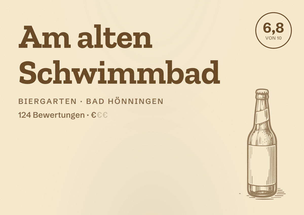 Illustriertes Poster von Am alten Schwimmbad, Biergarten in Bad Hönningen: Bewertung 6,8 von 10 aus 124 Bewertungen, Preisniveau €