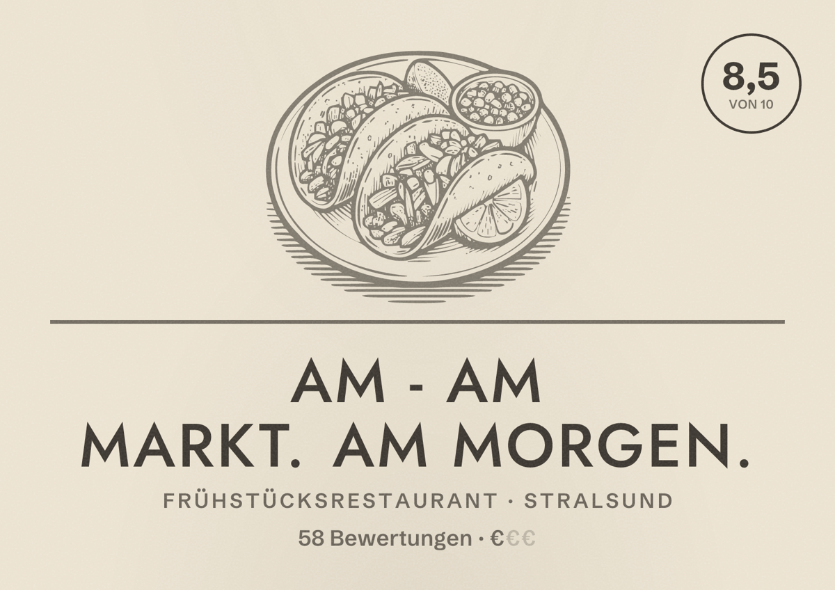 Illustriertes Poster von aM - am Markt. am Morgen., Frühstücksrestaurant in Stralsund: Bewertung 8,5 von 10 aus 58 Bewertungen, Preisniveau €