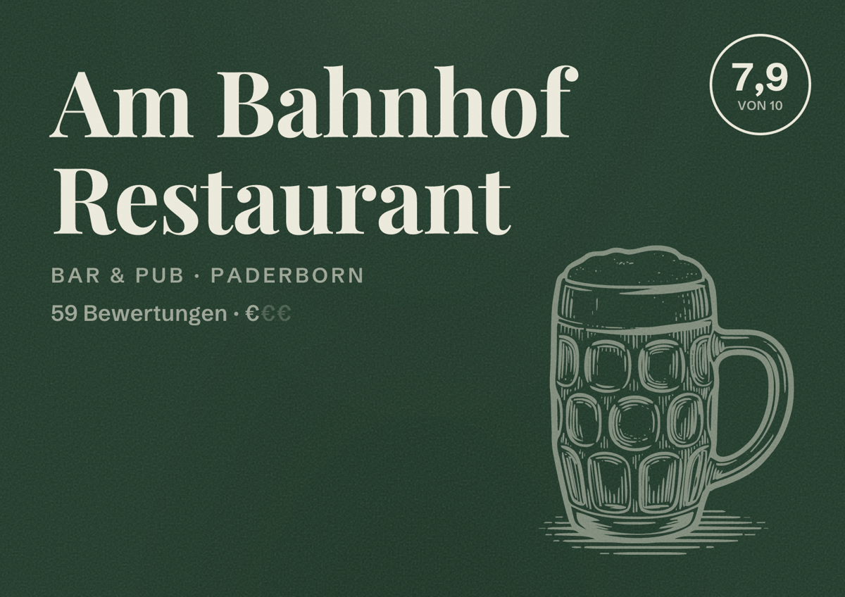 Illustriertes Poster von Am Bahnhof Restaurant, Bar & Pub in Paderborn: Bewertung 7,9 von 10 aus 59 Bewertungen, Preisniveau €