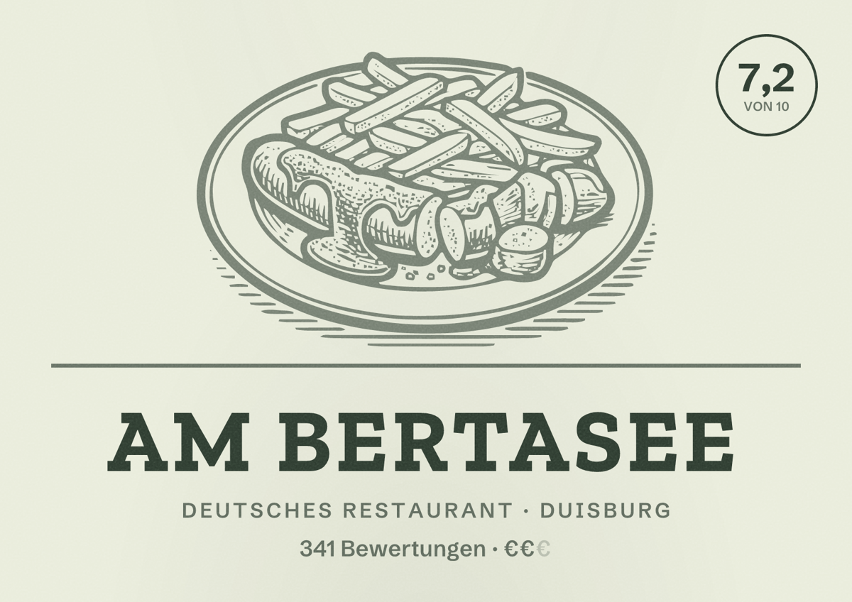 Illustriertes Poster von Am Bertasee, Deutsches Restaurant in Duisburg: Bewertung 7,2 von 10 aus 341 Bewertungen, Preisniveau €€