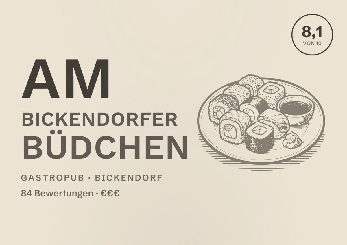 Illustriertes Poster von Am Bickendorfer Büdchen, Gastropub in Bickendorf: Bewertung 8,1 von 10 aus 84 Bewertungen, Preisniveau €€€