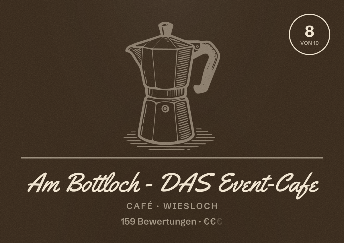 Illustriertes Poster von Am Bottloch - DAS Event-Cafe, Café in Wiesloch: Bewertung 8 von 10 aus 159 Bewertungen, Preisniveau €€