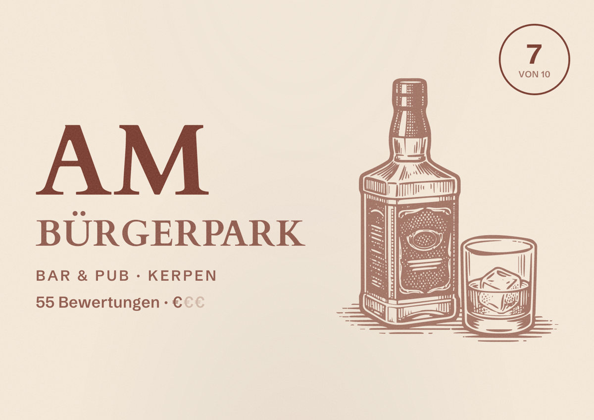Illustriertes Poster von Am Bürgerpark, Bar & Pub in Kerpen: Bewertung 7 von 10 aus 55 Bewertungen, Preisniveau €