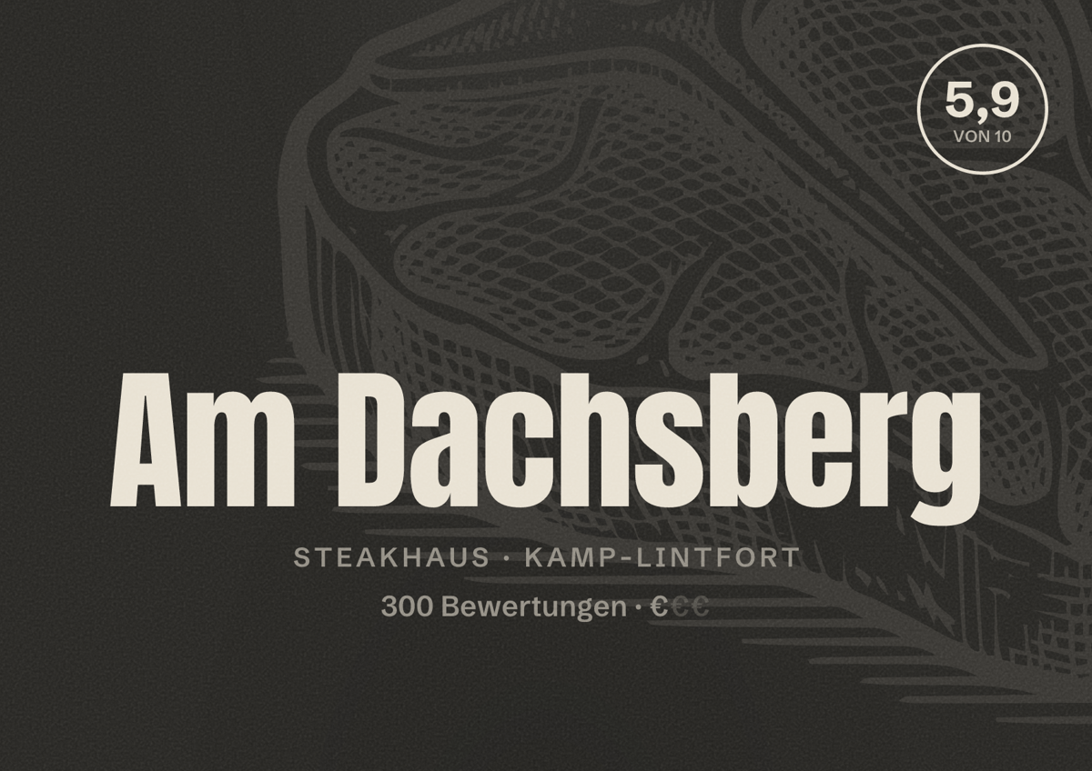 Illustriertes Poster von Am Dachsberg, Steakhaus in Kamp-Lintfort: Bewertung 5,9 von 10 aus 300 Bewertungen, Preisniveau €