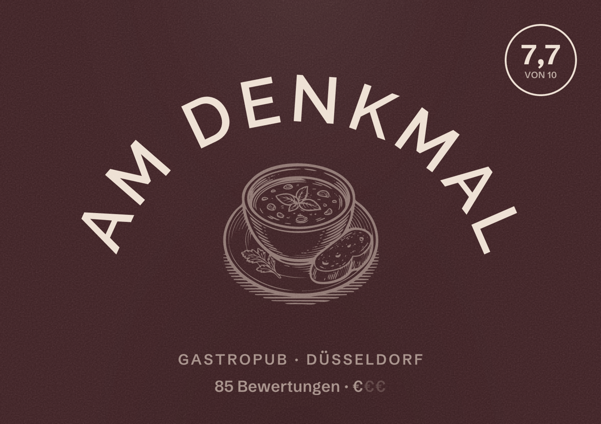 Illustriertes Poster von Am Denkmal, Gastropub in Düsseldorf: Bewertung 7,7 von 10 aus 85 Bewertungen, Preisniveau €