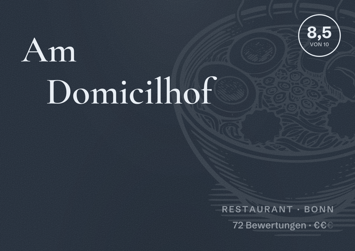 Illustriertes Poster von Am Domicilhof, Restaurant in Bonn: Bewertung 8,5 von 10 aus 72 Bewertungen, Preisniveau €€