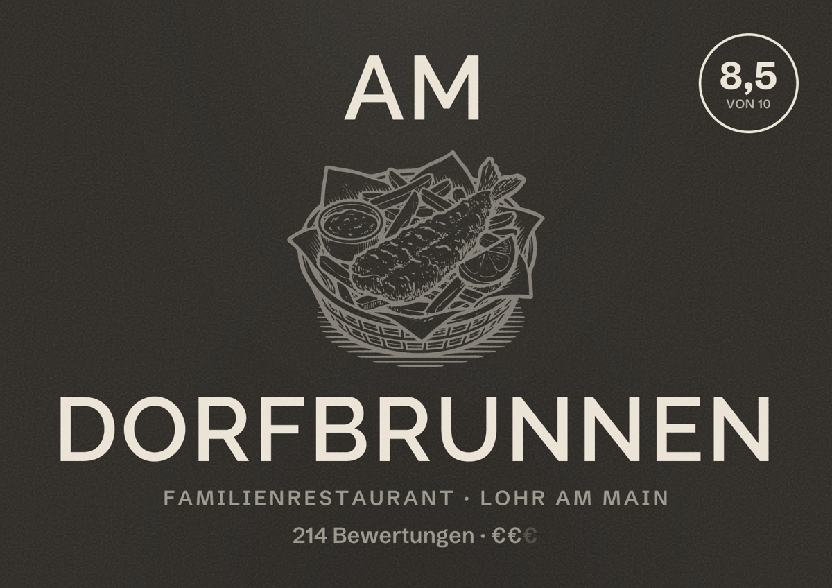 Illustriertes Poster von Am Dorfbrunnen, Familienrestaurant in Lohr am Main: Bewertung 8,5 von 10 aus 214 Bewertungen, Preisniveau €€