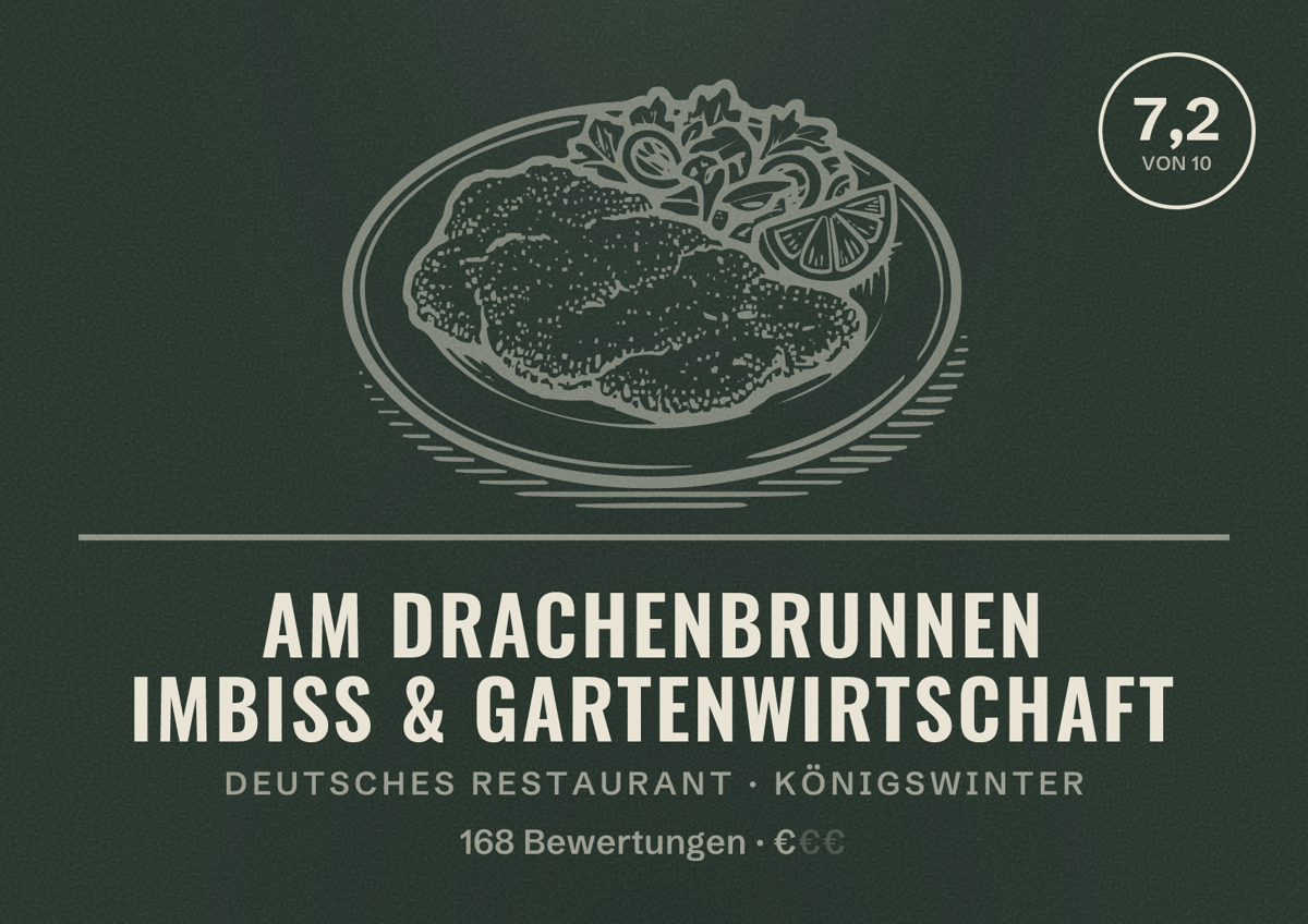 Illustriertes Poster von Am Drachenbrunnen Imbiss & Gartenwirtschaft, Deutsches Restaurant in Königswinter: Bewertung 7,2 von 10 aus 168 Bewertungen, Preisniveau €