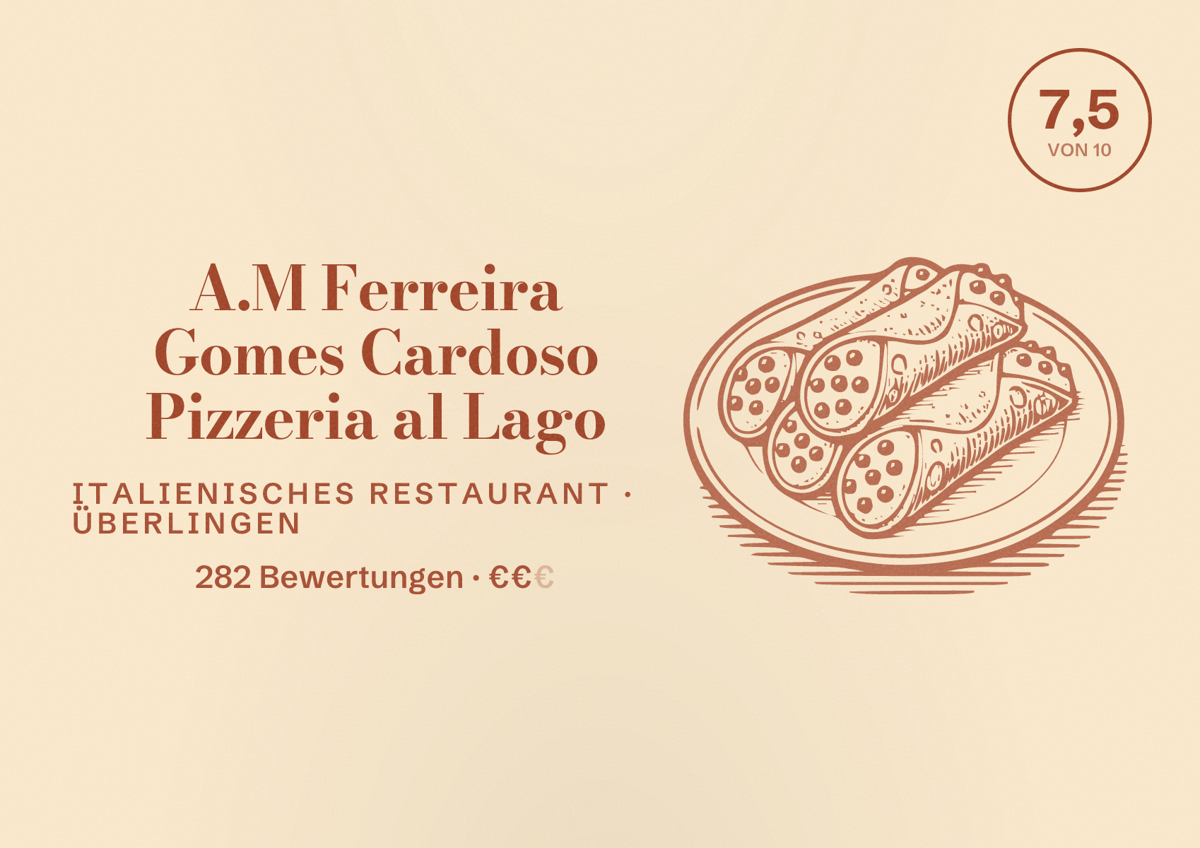 Illustriertes Poster von A.M Ferreira Gomes Cardoso Pizzeria al Lago, Italienisches Restaurant in Überlingen: Bewertung 7,5 von 10 aus 282 Bewertungen, Preisniveau €€