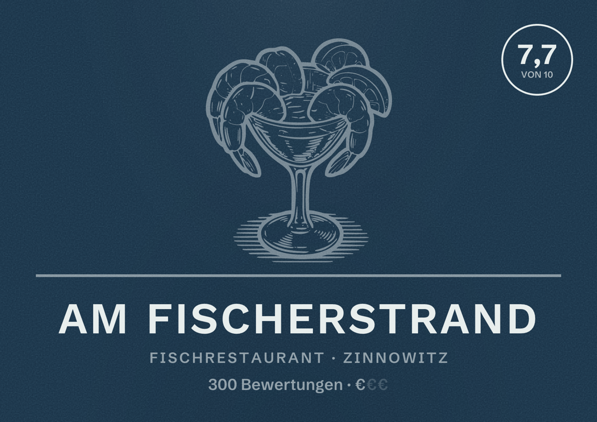 Illustriertes Poster von Am Fischerstrand, Fischrestaurant in Zinnowitz: Bewertung 7,7 von 10 aus 300 Bewertungen, Preisniveau €