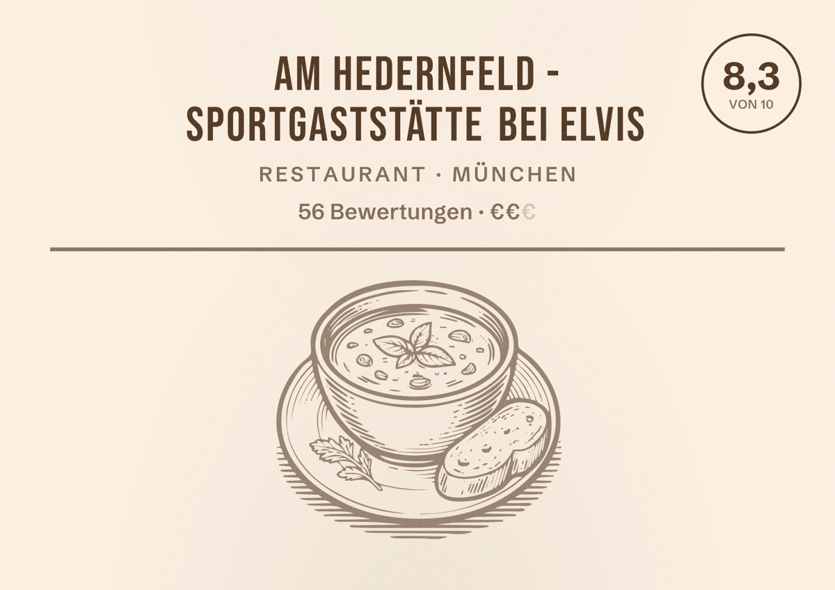 Illustriertes Poster von Am Hedernfeld - Sportgaststätte bei Elvis, Restaurant in München: Bewertung 8,3 von 10 aus 56 Bewertungen, Preisniveau €€