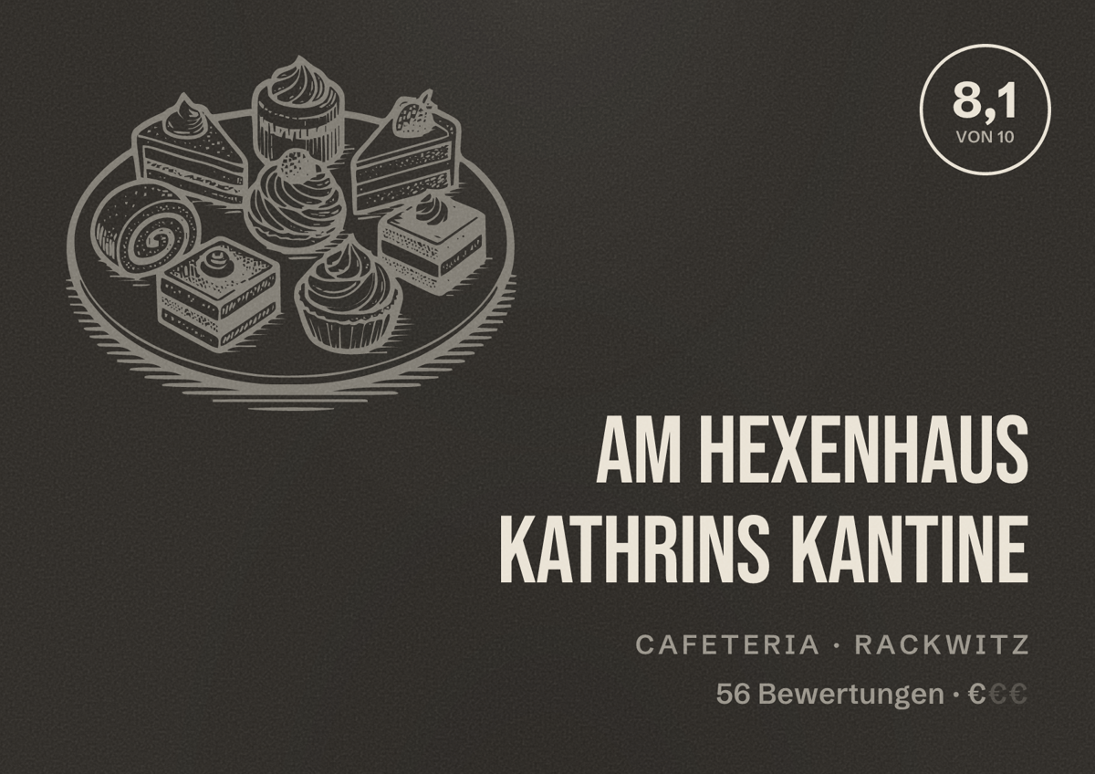 Illustriertes Poster von Am Hexenhaus Kathrins Kantine, Cafeteria in Rackwitz: Bewertung 8,1 von 10 aus 56 Bewertungen, Preisniveau €