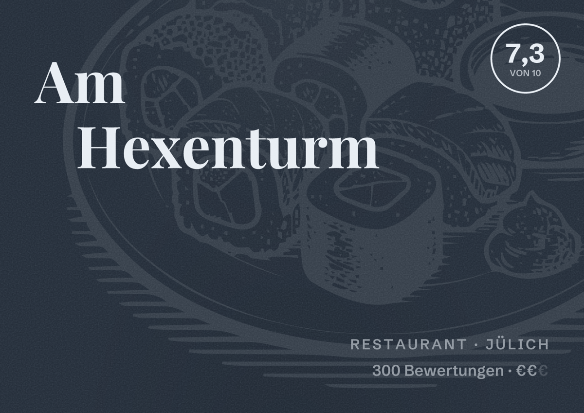 Illustriertes Poster von Am Hexenturm, Restaurant in Jülich: Bewertung 7,3 von 10 aus 300 Bewertungen, Preisniveau €€