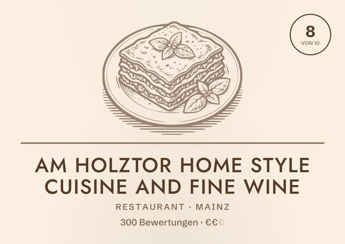 Illustriertes Poster von Am Holztor home style cuisine and fine wine, Restaurant in Mainz: Bewertung 8 von 10 aus 300 Bewertungen, Preisniveau €€