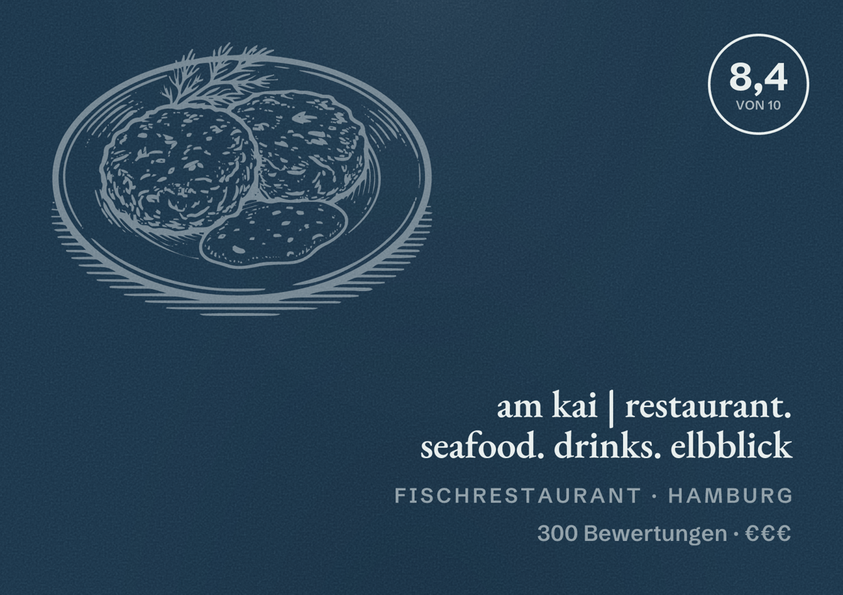 Illustriertes Poster von am kai | restaurant. seafood. drinks. elbblick, Fischrestaurant in Hamburg: Bewertung 8,4 von 10 aus 300 Bewertungen, Preisniveau €€€